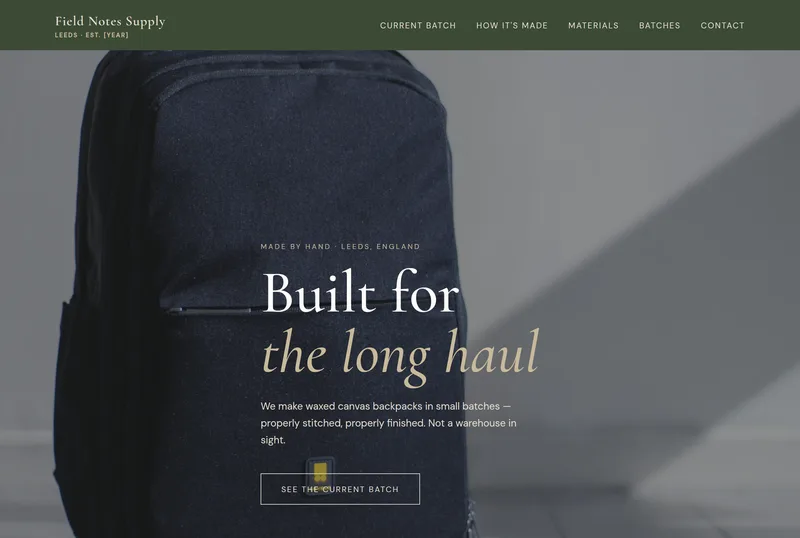 The homepage Nexori built for Field Notes Supply, a online shop