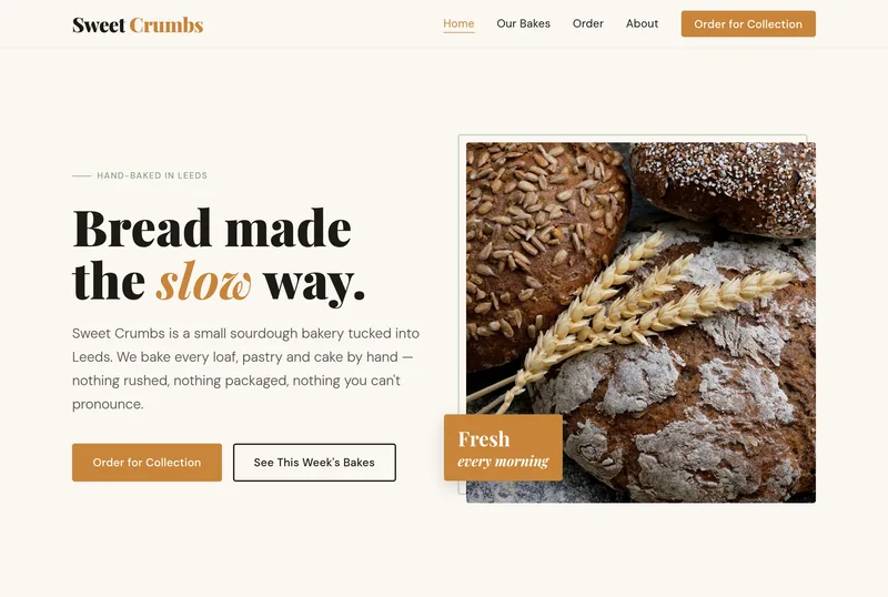 The homepage Nexori built for Sweet Crumbs, a bakery and café