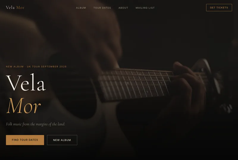 The homepage Nexori built for Vela Mor, a musician